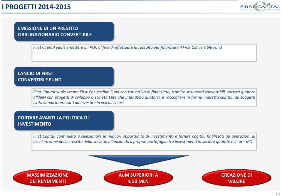 intendono quotarsi, e raccogliere in forma indiretta capitali da soggetti istituzionali interessati ad investire in veicoli chiusi PORTARE AVANTI LA POLITICA DI INVESTIMENTO First Capital continuerà