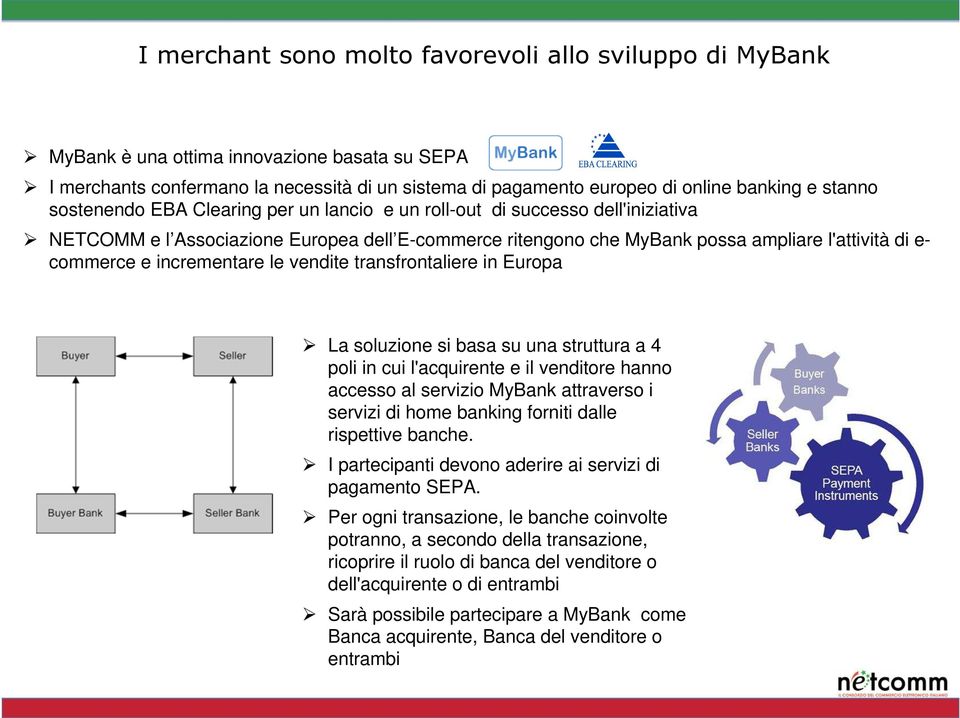 incrementare le vendite transfrontaliere in Europa La soluzione si basa su una struttura a 4 poli in cui l'acquirente e il venditore hanno accesso al servizio MyBank attraverso i servizi di home