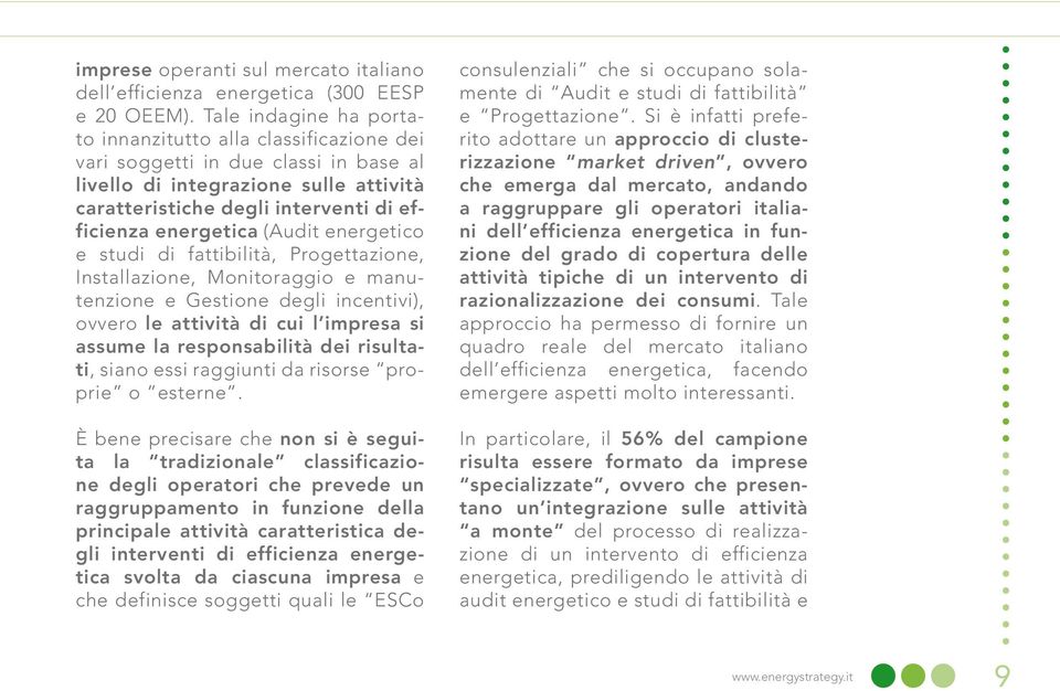 (Audit energetico e studi di fattibilità, Progettazione, Installazione, Monitoraggio e manutenzione e Gestione degli incentivi), ovvero le attività di cui l impresa si assume la responsabilità dei