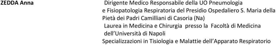 Maria della Pietà dei Padri Camilliani di Casoria (Na) Laurea in Medicina e