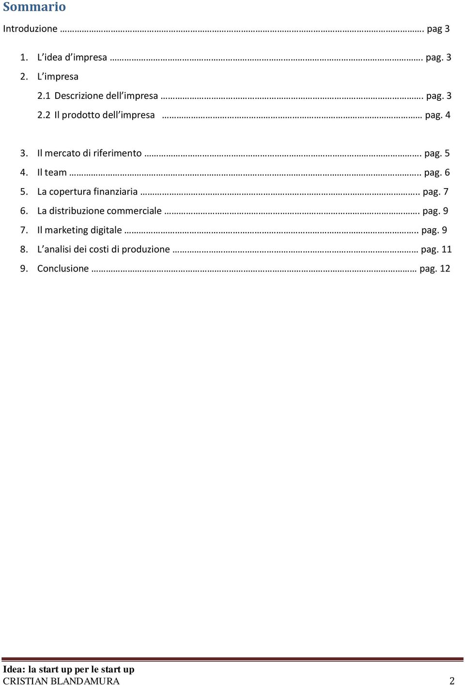 La copertura finanziaria.. pag. 7 6. La distribuzione commerciale. pag. 9 7. Il marketing digitale.