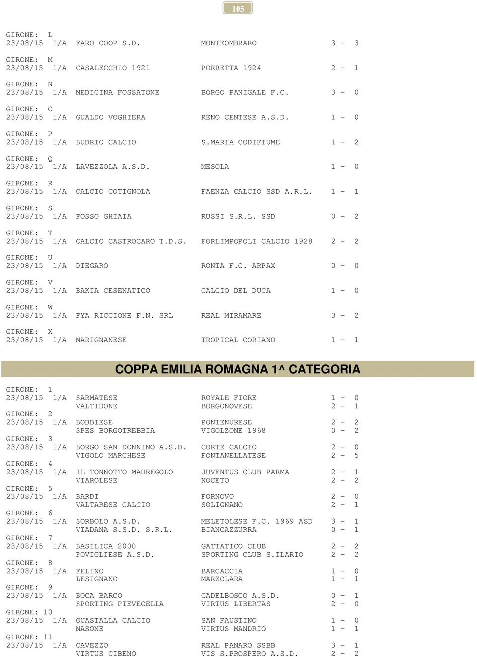 R.L. SSD 0-2 GIRONE: T 23/08/15 1/A CALCIO CASTROCARO T.D.S. FORLIMPOPOLI CALCIO 1928 2-2 GIRONE: U 23/08/15 1/A DIEGARO RONTA F.C. ARPAX 0-0 GIRONE: V 23/08/15 1/A BAKIA CESENATICO CALCIO DEL DUCA 1-0 GIRONE: W 23/08/15 1/A FYA RICCIONE F.