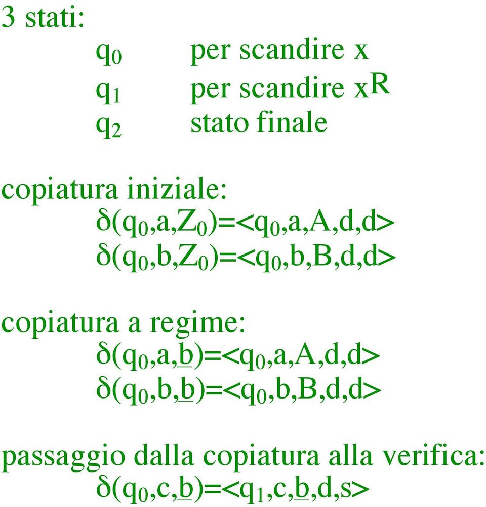 0,b,B,d,d> copiatura a regime: δ(q 0,a,b)=<q 0,a,A,d,d> δ(q