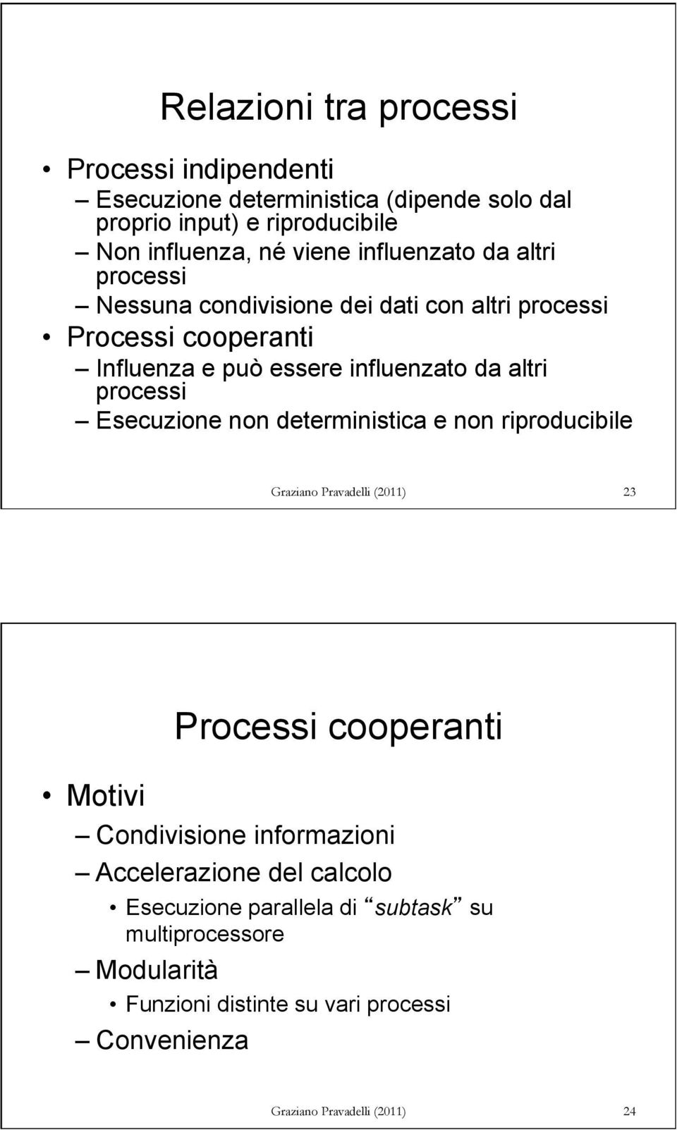 processi Esecuzione non deterministica e non riproducibile Graziano Pravadelli (2011) 23 Processi cooperanti Motivi Condivisione informazioni