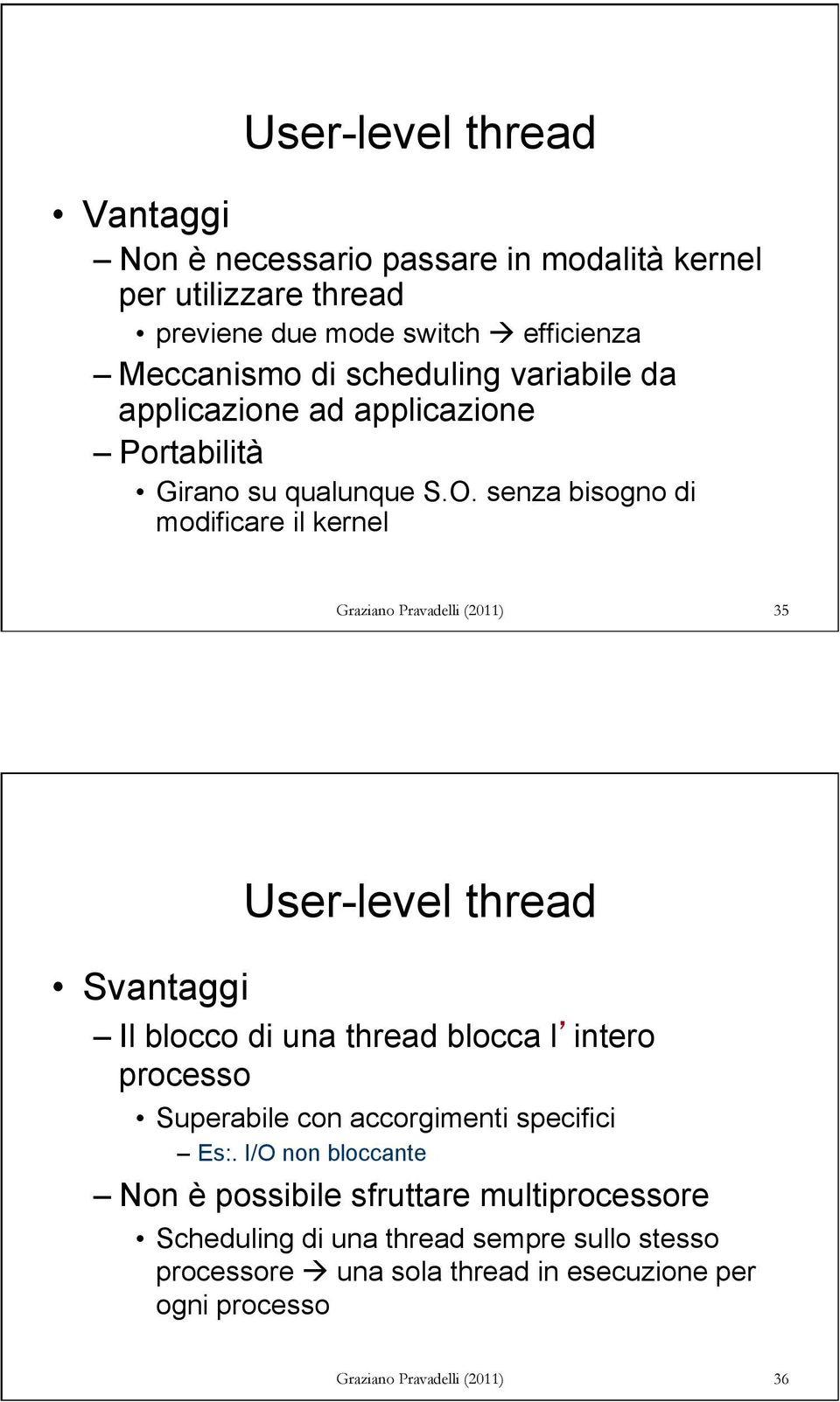 senza bisogno di modificare il kernel Graziano Pravadelli (2011) 35 User-level thread Svantaggi Il blocco di una thread blocca l intero processo