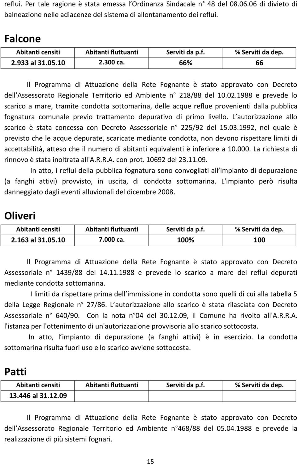 1988 e prevede lo scarico a mare, tramite condotta sottomarina, delle acque reflue provenienti dalla pubblica fognatura comunale previo trattamento depurativo di primo livello.