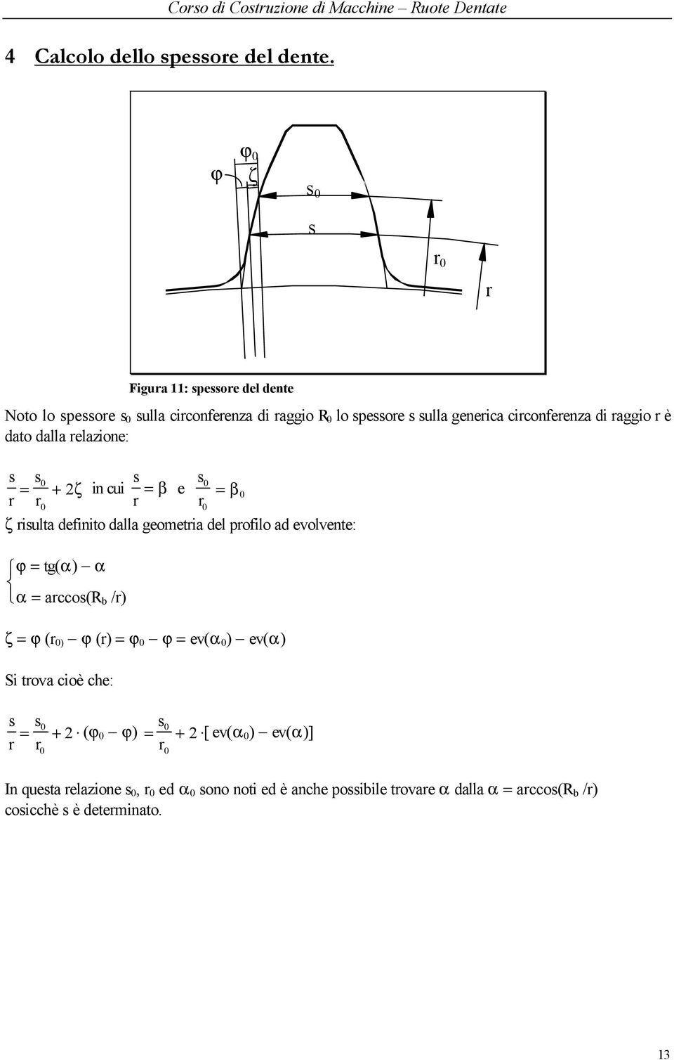 relazione: s s0 = + ζ in cui s r r0 r = β e s 0 = β 0 r0 ζ risulta definito dalla geometria del profilo ad evolvente: ϕ = tg(α) α α = arccos(r b /r)