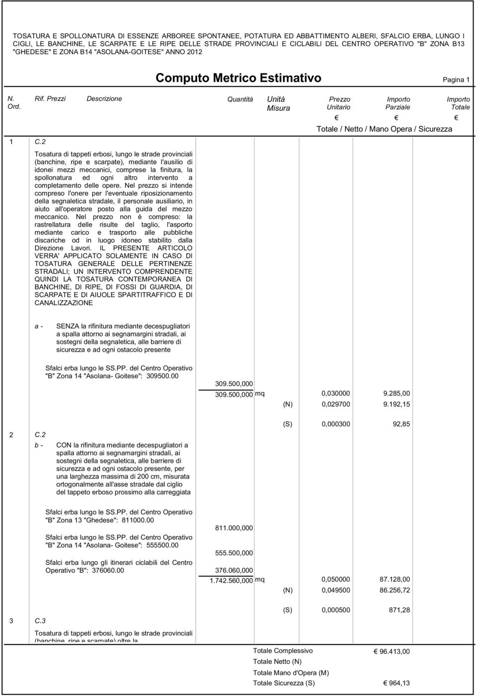 Prezzi Descrizione Quantità Unità Misura Tosatura di tappeti erbosi, lungo le strade provinciali (banchine, ripe e scarpate), mediante l'ausilio di idonei mezzi meccanici, comprese la finitura, la