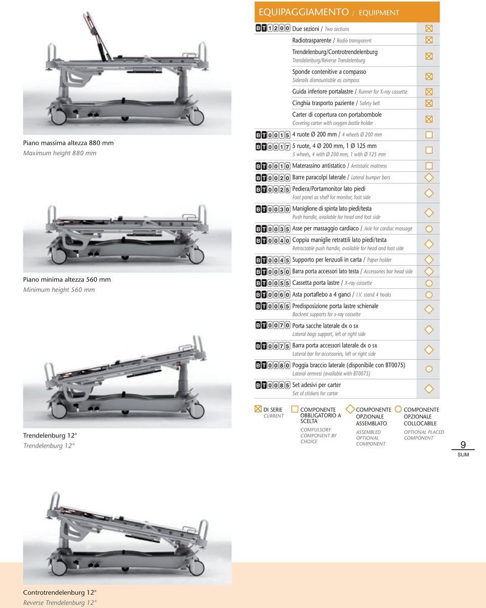 cassette Cinghia trasporto paziente / Safety belt Carter di copertura con portabombole Covering carter with oxygen bottle holder B T 0 0 1 5 4 ruote Ø 200 mm / 4 wheels Ø 200 mm B T 0 0 1 7 5 ruote,