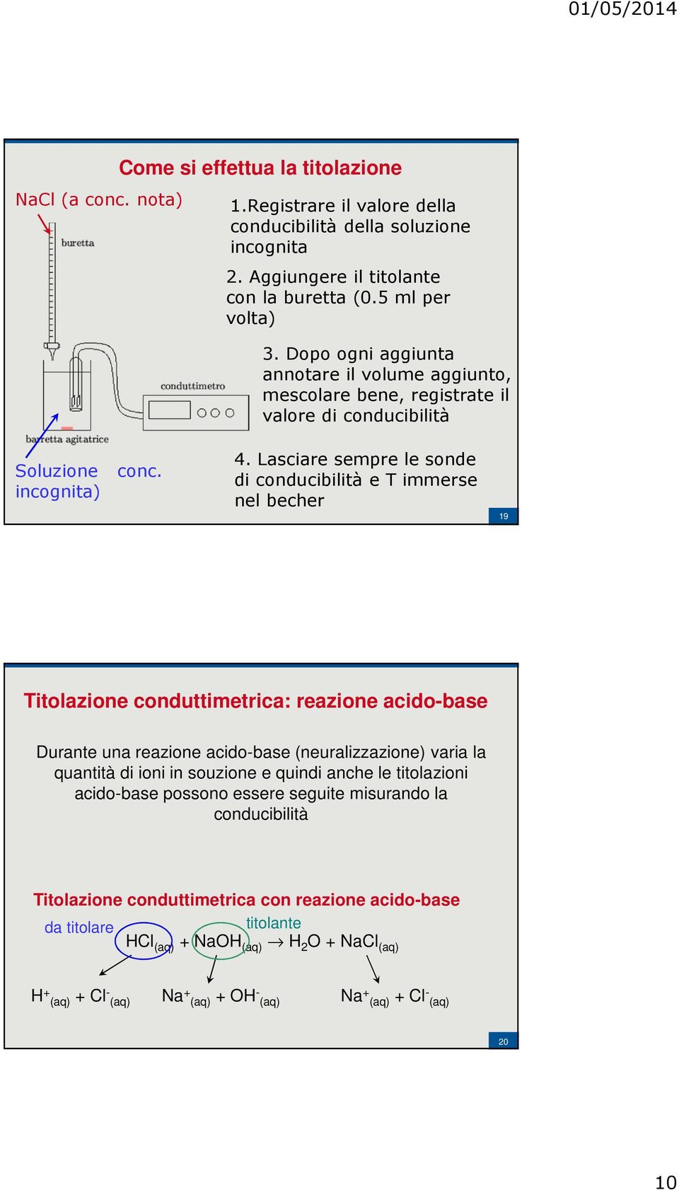 Lasciare sempre le sonde di conducibilità e T immerse nel becher 19 Titolazione conduttimetrica: reazione acido-base Durante una reazione acido-base (neuralizzazione) varia la quantità di ioni in