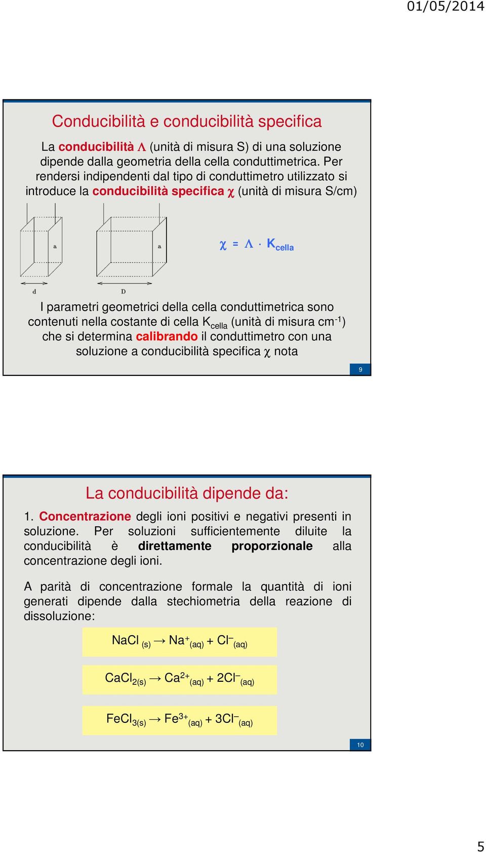 contenuti nella costante di cella K cella (unità di misura cm -1 ) che si determina calibrando il conduttimetro con una soluzione a conducibilità specifica χ nota 9 La conducibilità dipende da: 1.