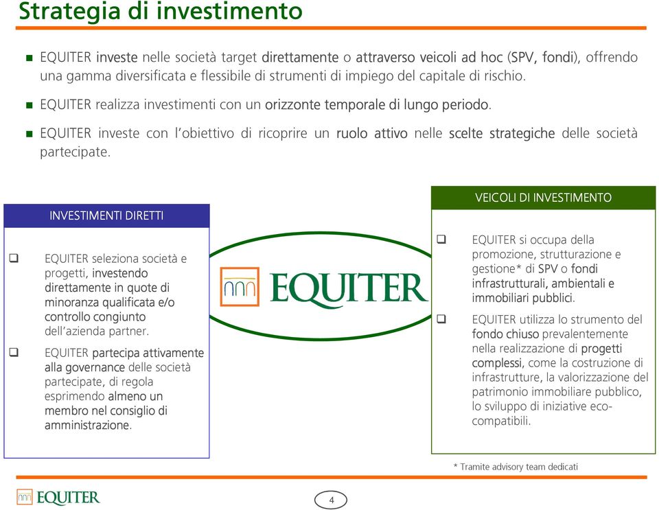 EQUITER investe con l obiettivo di ricoprire un ruolo attivo nelle scelte strategiche delle società partecipate.