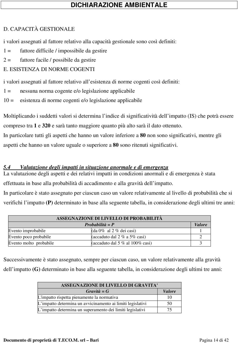 e/o legislazione applicabile Moltiplicando i suddetti valori si determina l indice di significatività dell impatto (IS) che potrà essere compreso tra 1 e 320 e sarà tanto maggiore quanto più alto