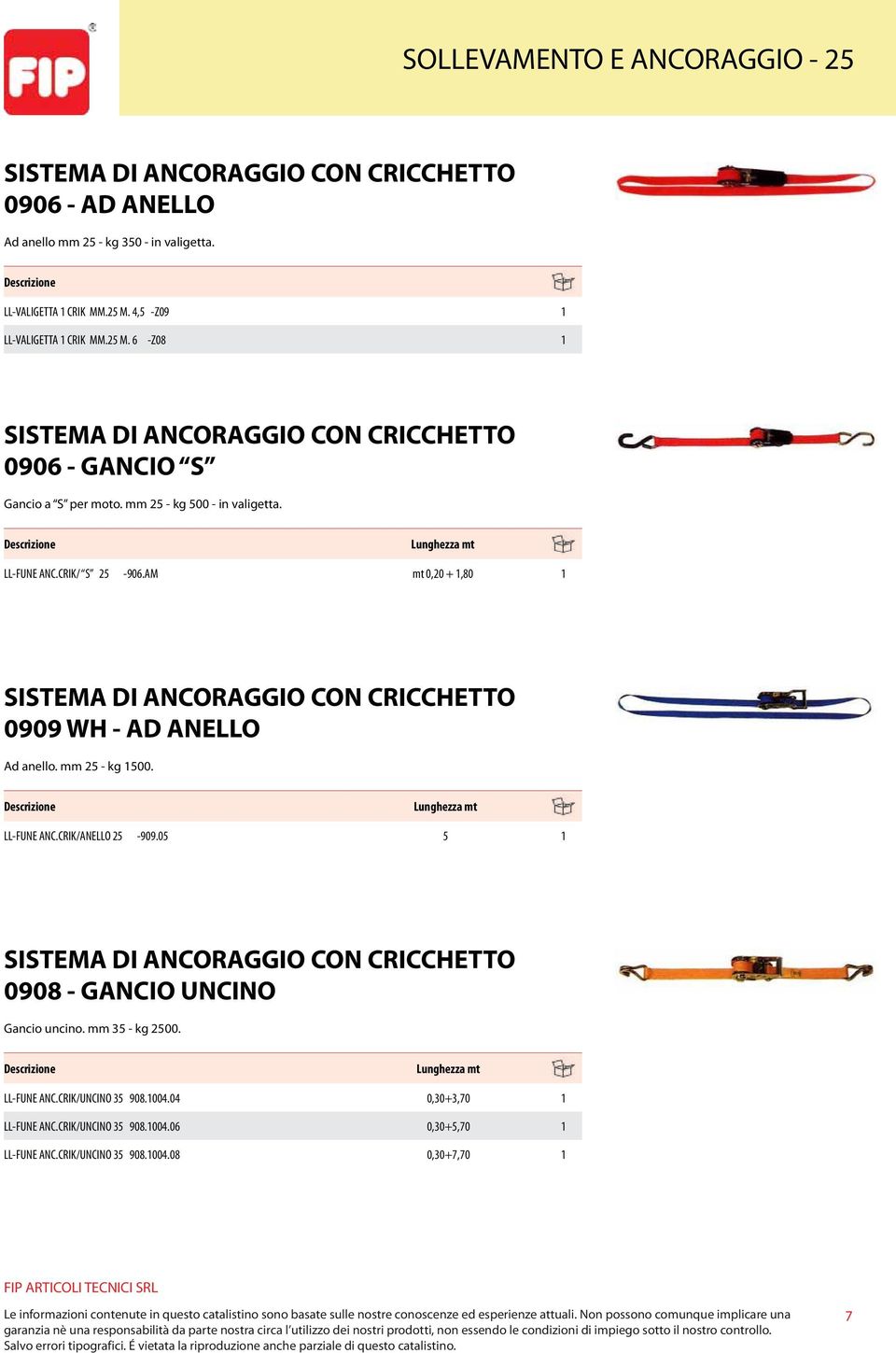 AM mt 0,20 + 1,80 1 SISTEMA DI ANCORAGGIO CON CRICCHETTO 0909 WH - AD ANELLO Ad anello. mm 25 - kg 1500. Lunghezza mt LL-FUNE ANC.CRIK/ANELLO 25-909.