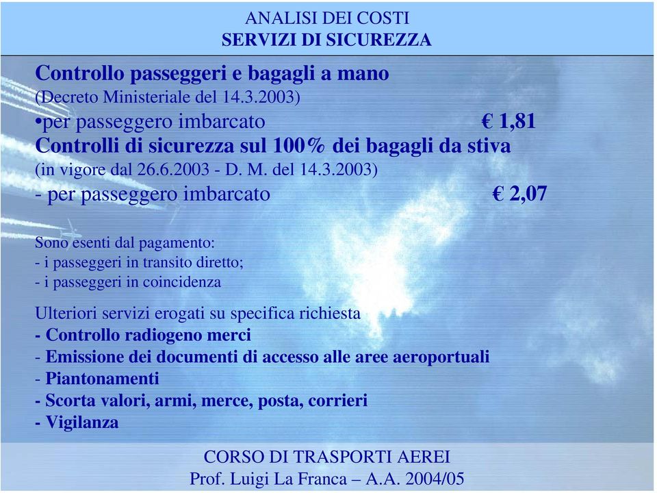 2003) Act (CAA) SERVIZI DI SICUREZZA per passeggero imbarcato 1,81 Controlli di sicurezza sul 100% dei bagagli da stiva (in vigore dal 26.6.2003 - D. M. del