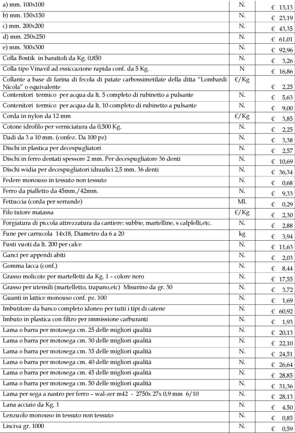 Contenitori termico per acqua da lt. 10 completo di rubinetto a pulsante N. Corda in nylon da 12 mm /Kg Cotone idrofilo per verniciatura da 0,500 Kg. N. Dadi da 3 a 10 mm. (confez. Da 100 pz) N.