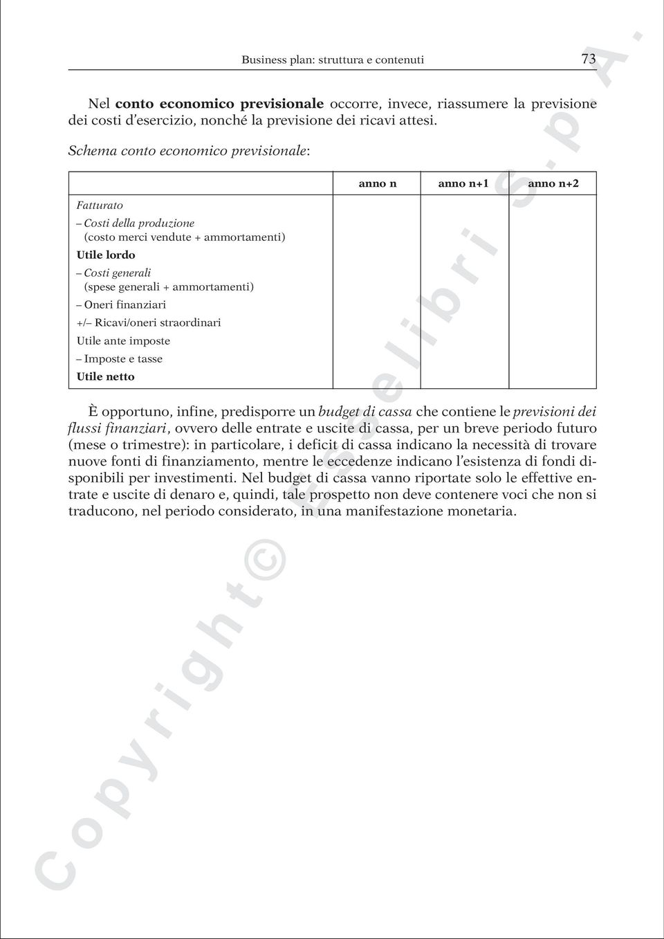 straordinari Utile ante imposte Imposte e tasse Utile netto anno n anno n+1 anno n+2 È opportuno, infine, predisporre un budget di cassa che contiene le previsioni dei flussi finanziari, ovvero delle