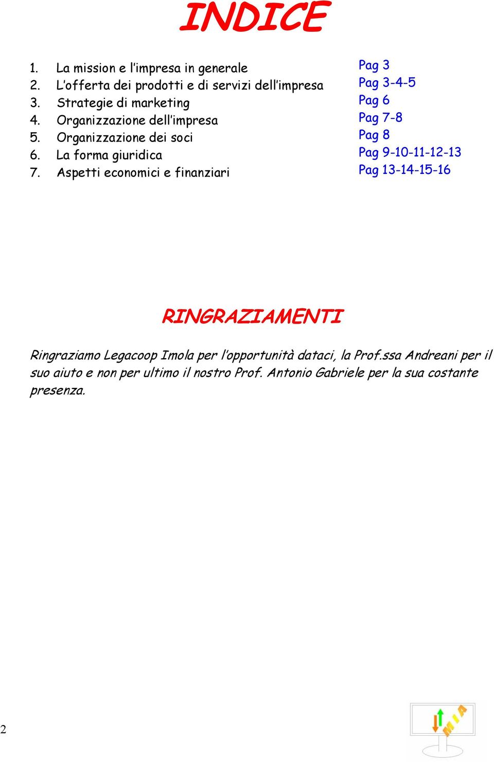 Aspetti economici e finanziari Pag 3 Pag 3-4-5 Pag 6 Pag 7-8 Pag 8 Pag 9-10-11-12-13 Pag 13-14-15-16 RINGRAZIAMENTI