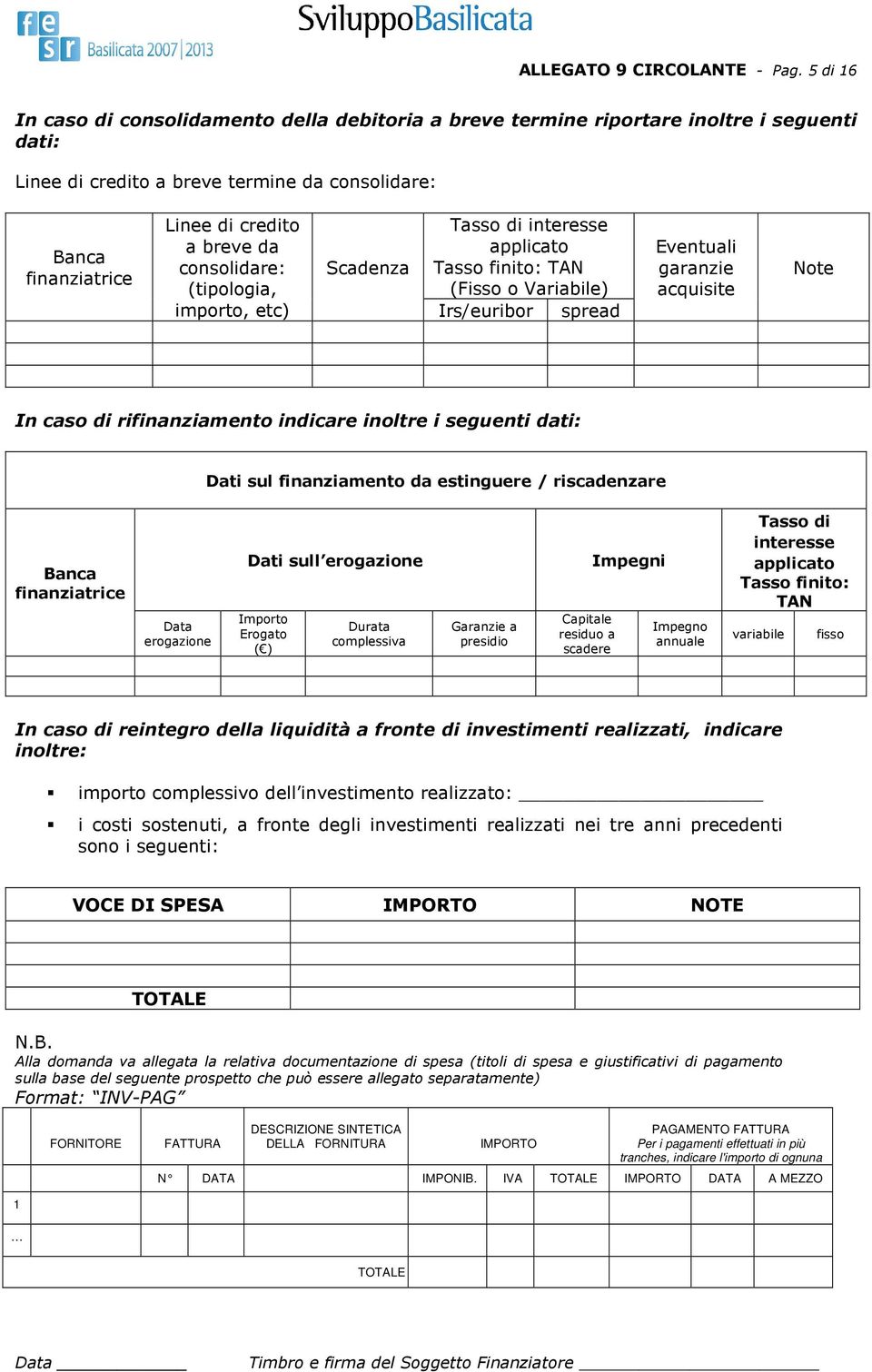 consolidare: (tipologia, importo, etc) Scadenza Tasso di interesse applicato Tasso finito: TAN (Fisso o Variabile) Irs/euribor spread Eventuali garanzie acquisite Note In caso di rifinanziamento