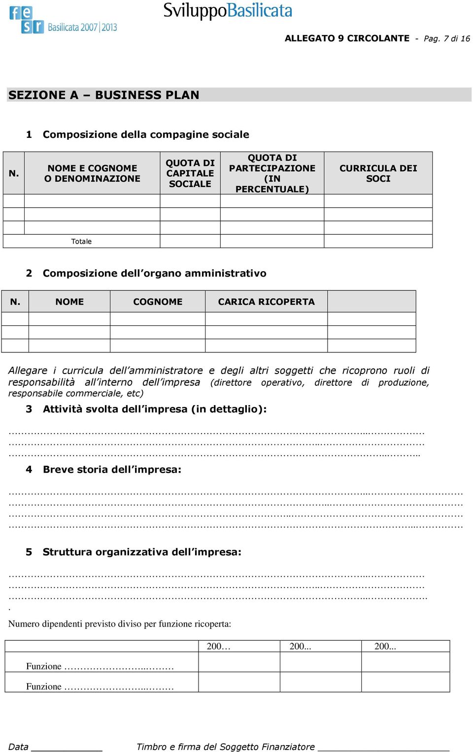 NOME COGNOME CARICA RICOPERTA Allegare i curricula dell amministratore e degli altri soggetti che ricoprono ruoli di responsabilità all interno dell impresa (direttore operativo,