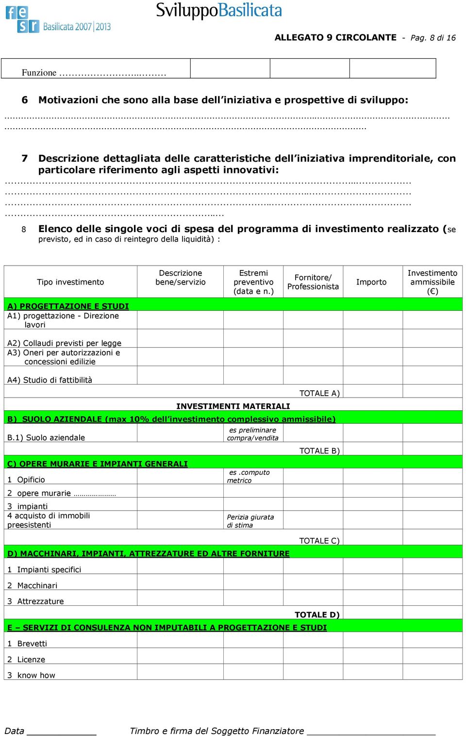 ....... 8 Elenco delle singole voci di spesa del programma di investimento realizzato (se previsto, ed in caso di reintegro della liquidità) : Tipo investimento Descrizione bene/servizio Estremi