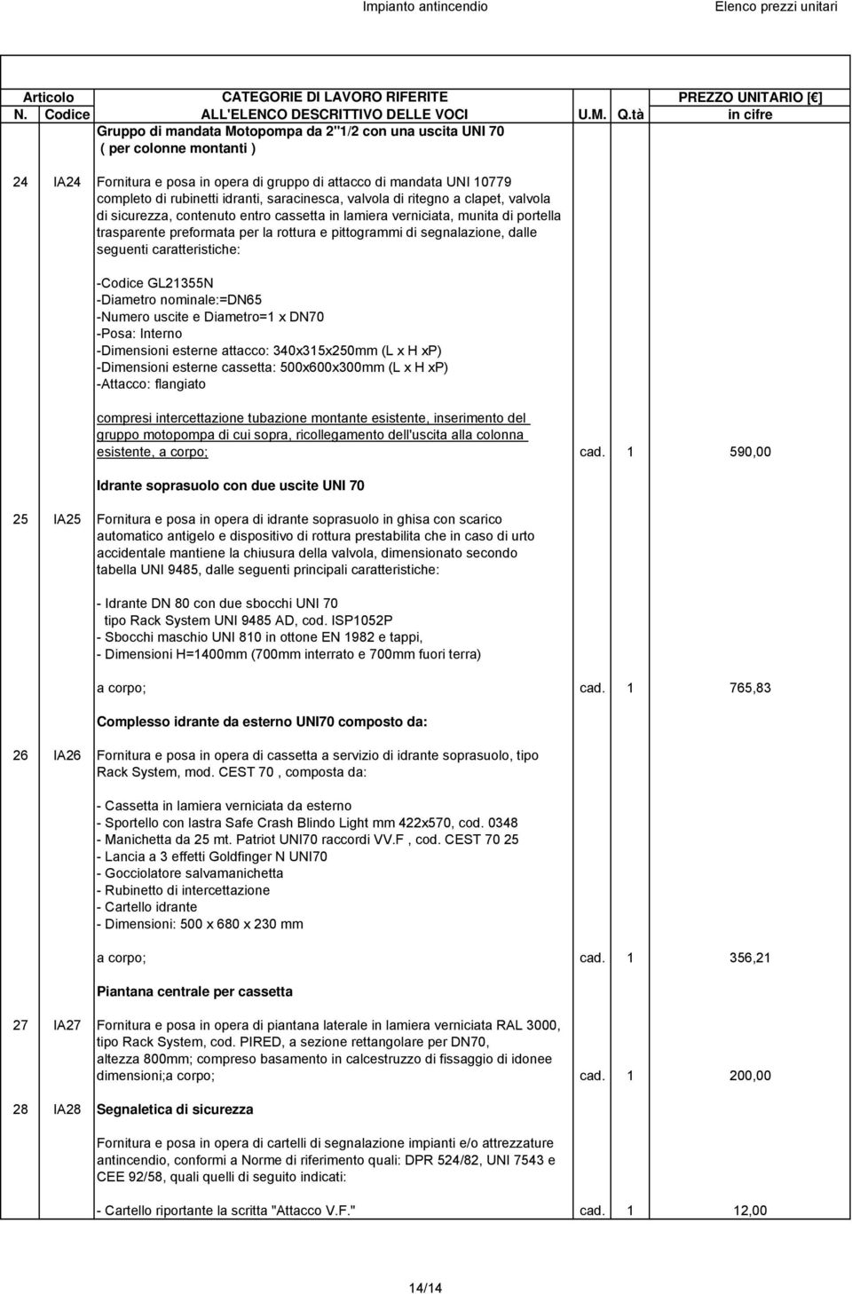 dalle seguenti caratteristiche: -Codice GL21355N -Diametro nominale:=dn65 -Numero uscite e Diametro=1 x DN70 -Posa: Interno -Dimensioni esterne attacco: 340x315x250mm (L x H xp) -Dimensioni esterne