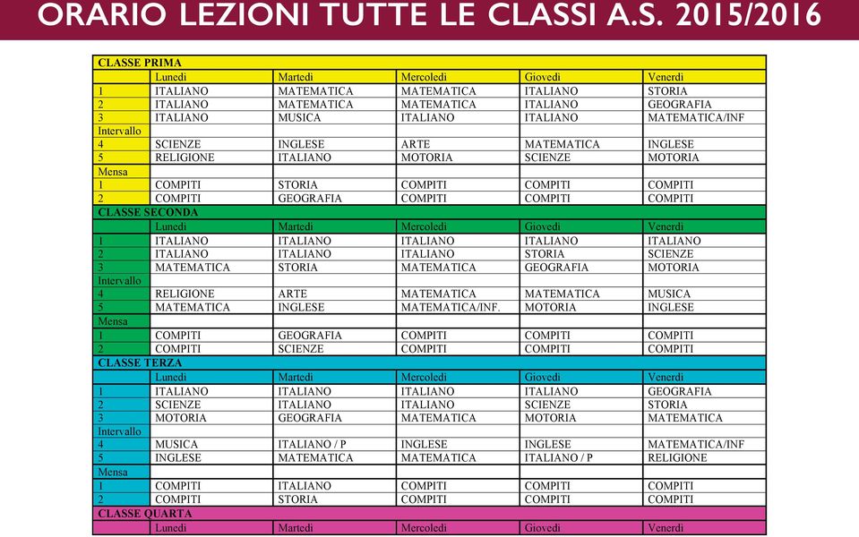 2015/2016 CLASSE PRIMA 1 ITALIANO MATEMATICA MATEMATICA ITALIANO STORIA 2 ITALIANO MATEMATICA MATEMATICA ITALIANO GEOGRAFIA 3 ITALIANO MUSICA ITALIANO ITALIANO MATEMATICA/INF 4 SCIENZE INGLESE ARTE