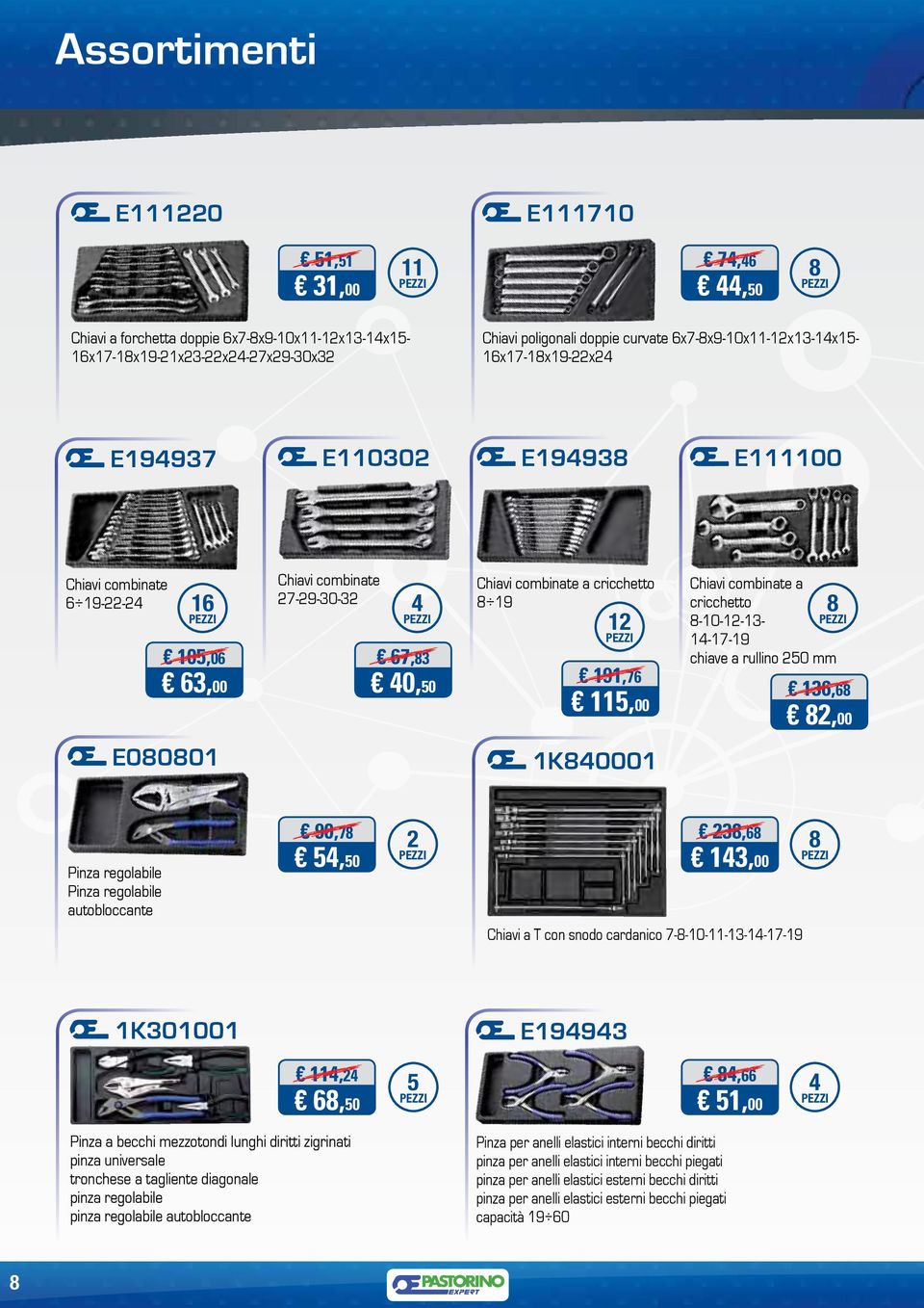 12 191,76 115,00 Chiavi combinate a cricchetto 8-10-12-13- 14-17-19 chiave a rullino 250 mm 8 136,68 82,00 E080801 1K840001 Pinza regolabile Pinza regolabile autobloccante 90,78 54,50 2 238,68 143,00