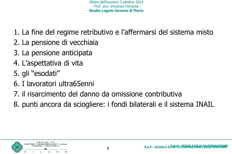 L aspettativa di vita 5. gli esodati 6. I lavoratori ultra65enni 7. il risarcimento del danno da omissione contributiva 8.