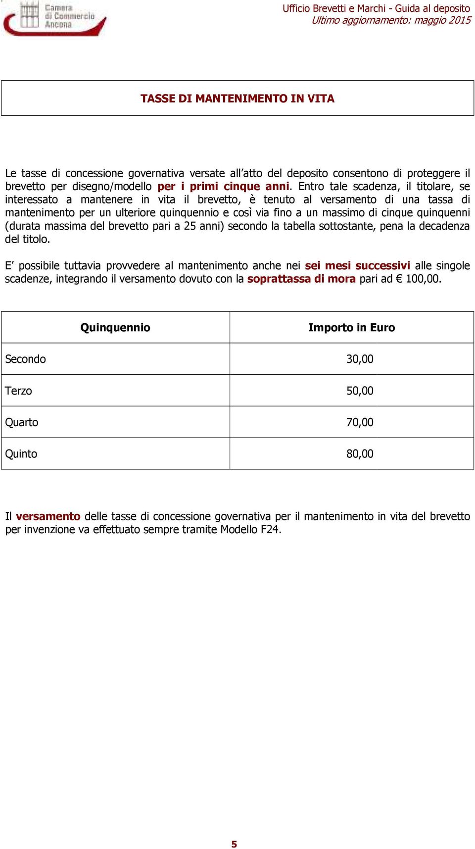 cinque quinquenni (durata massima del brevetto pari a 25 anni) secondo la tabella sottostante, pena la decadenza del titolo.