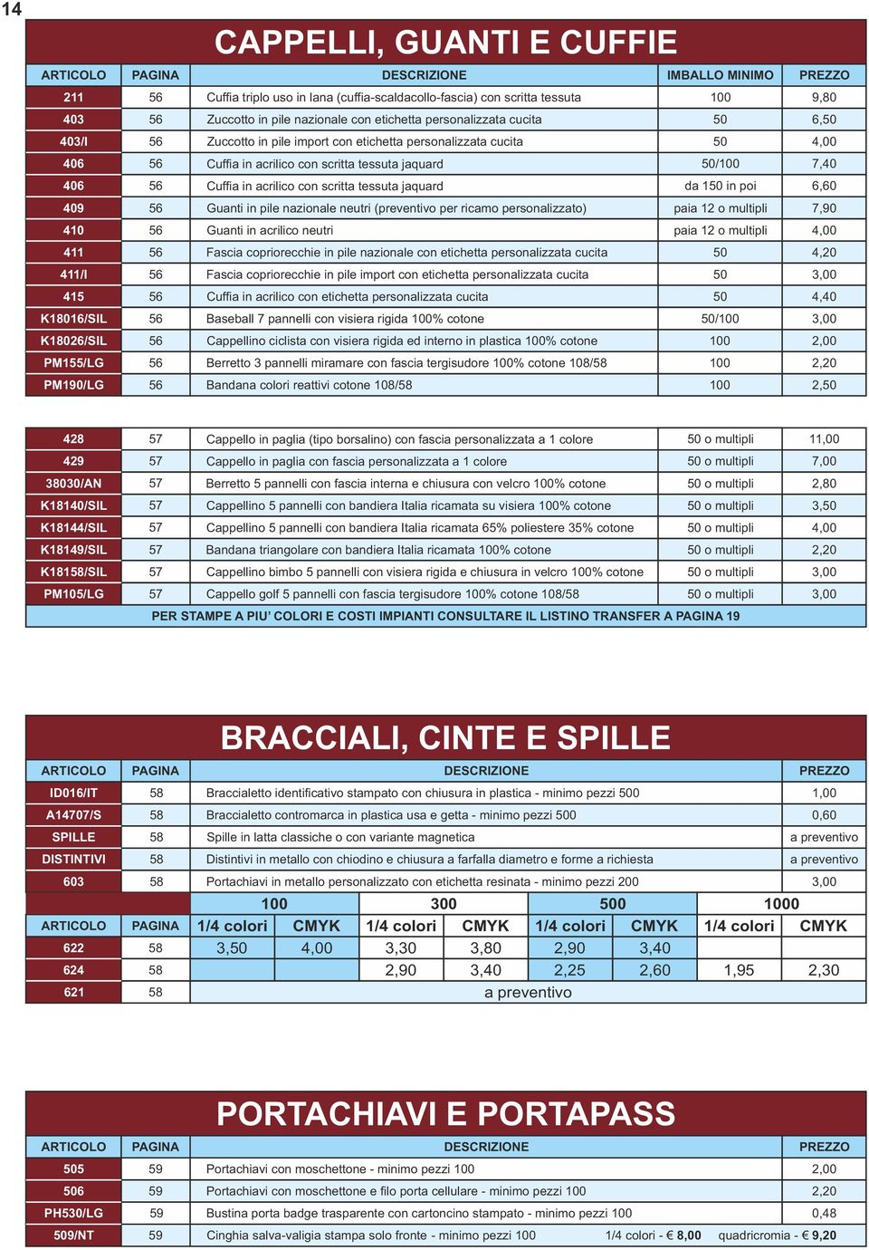 neutri (preventivo per ricamo personalizzato) paia o multipli 7,90 0 Guanti in acrilico neutri paia o multipli,00 Fascia copriorecchie in pile nazionale con etichetta personalizzata cucita,0 /I