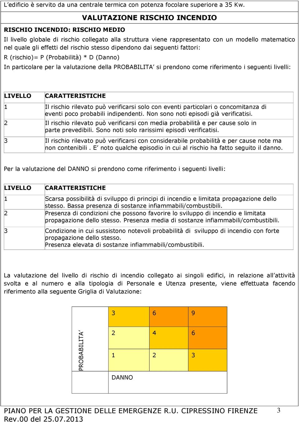 stesso dipendono dai seguenti fattori: R (rischio)= P (Probabilità) * D (Danno) In particolare per la valutazione della PROBABILITA si prendono come riferimento i seguenti livelli: LIVELLO