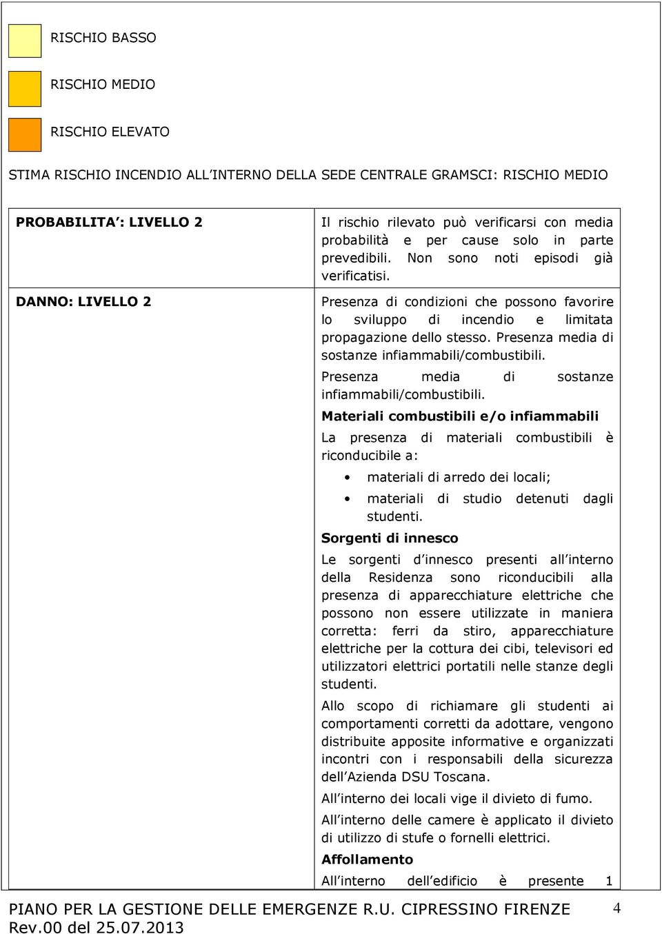 DANNO: LIVELLO 2 Presenza di condizioni che possono favorire lo sviluppo di incendio e limitata propagazione dello stesso. Presenza media di sostanze infiammabili/combustibili.