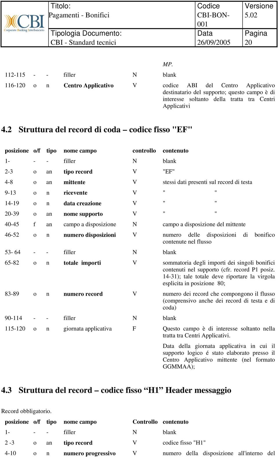 2 Struttura del record di coda codice fisso "EF" posizione o/f tipo nome campo controllo contenuto 2-3 o an tipo record V "EF" 4-8 o an mittente V stessi dati presenti sul record di testa 9-13 o n