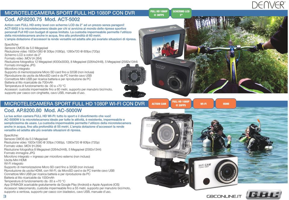 La custodia impermeabile permette l utilizzo della microtelecamera anche in acqua, fino alla profondità di 60 metri. Sensore CMOS da 5.
