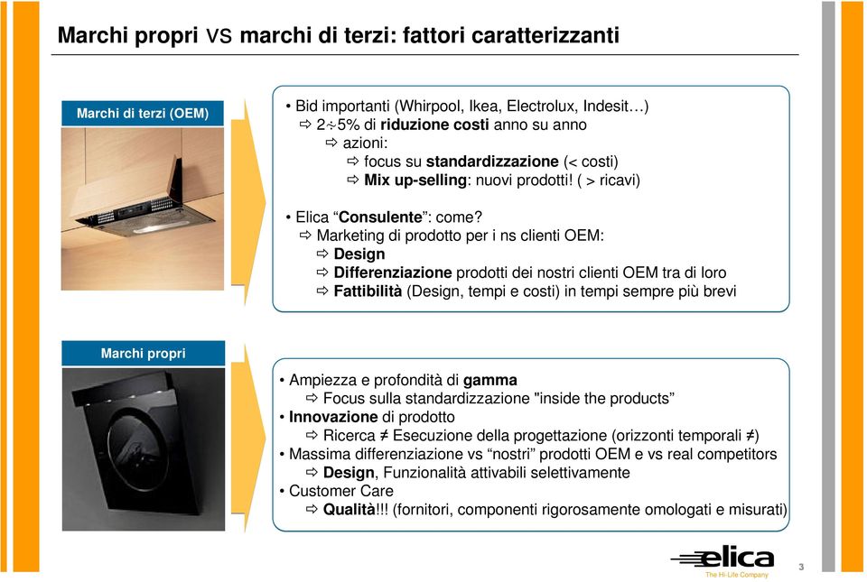 Marketing di prodotto per i ns clienti OEM: Design Differenziazione prodotti dei nostri clienti OEM tra di loro Fattibilità (Design, tempi e costi) in tempi sempre più brevi Marchi propri Ampiezza e