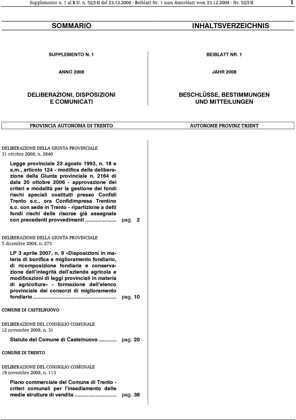 GIUNTA PROVINCIALE 31 ottobre 2008, n. 2840 Legge provinciale 23 agosto 1993, n. 18 e s.m., articolo 124 - modifica della deliberazione della Giunta provinciale n.