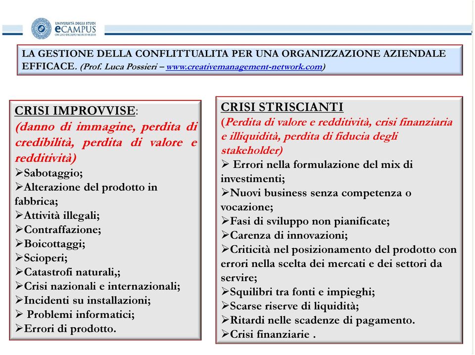 CRISI STRISCIANTI (Perdita di valore e redditività, crisi finanziaria e illiquidità, perdita di fiducia degli stakeholder) Errori nella formulazione del mix di investimenti; Nuovi business senza