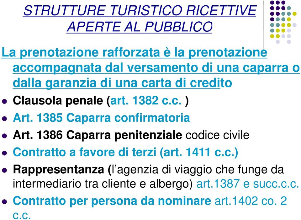 1385 Caparra confirmatoria Art. 1386 Caparra penitenziale codice civile Contratto a favore di terzi (art. 1411 c.c.) Rappresentanza (l agenzia di viaggio che funge da intermediario tra cliente e albergo) art.