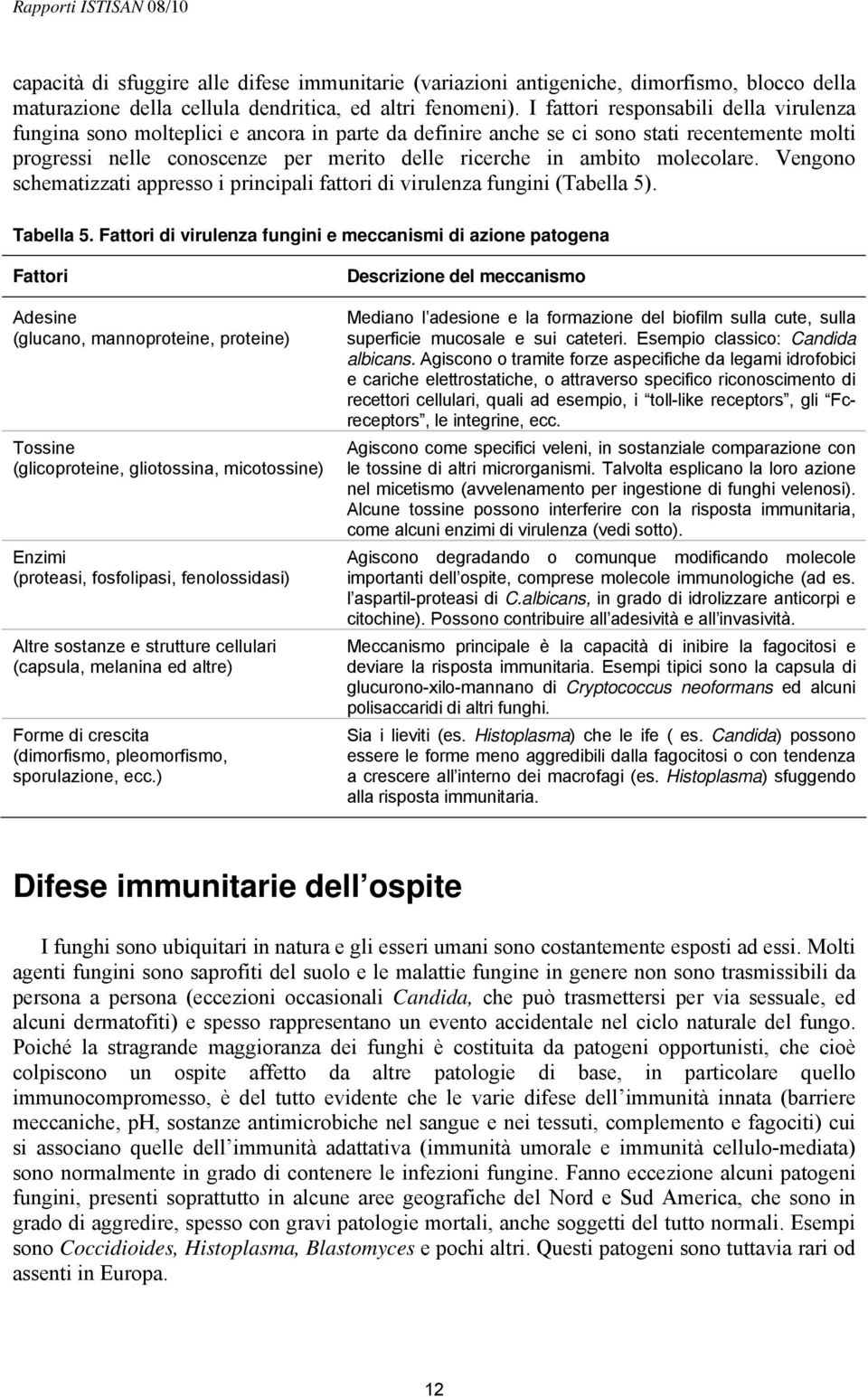 molecolare. Vengono schematizzati appresso i principali fattori di virulenza fungini (Tabella 5). Tabella 5.