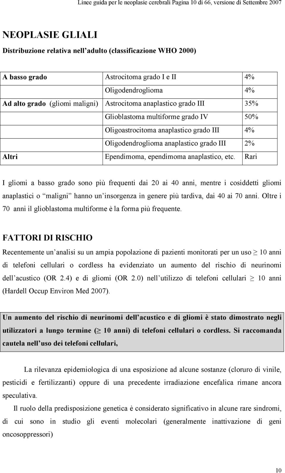 anaplastico grado III 2% Altri Ependimoma, ependimoma anaplastico, etc.