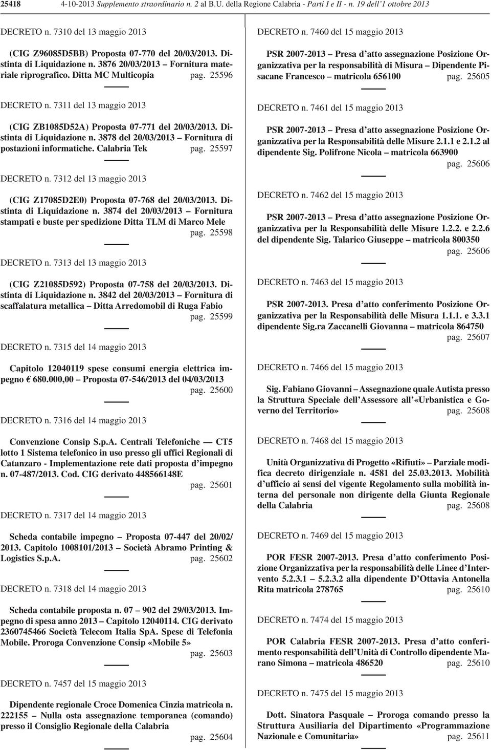 7460 del 15 maggio 2013 PSR 2007-2013 Presa d atto assegnazione Posizione Organizzativa per la responsabilità di Misura Dipendente Pisacane Francesco matricola 656100 pag. 25605 DECRETO n.