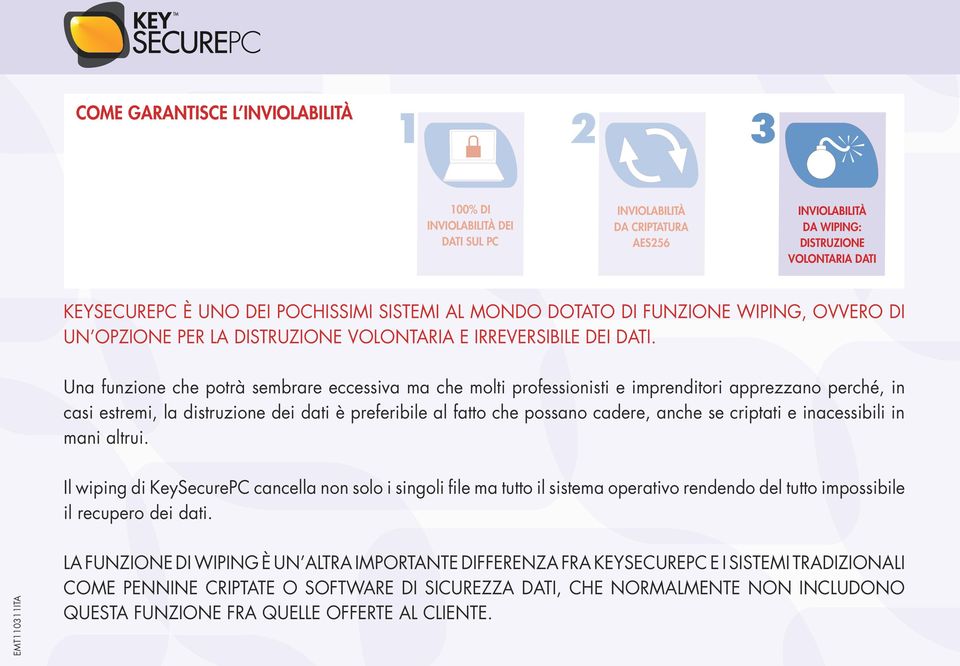 Una funzione che potrà sembrare eccessiva ma che molti professionisti e imprenditori apprezzano perché, in casi estremi, la distruzione dei dati è preferibile al fatto che possano cadere, anche se