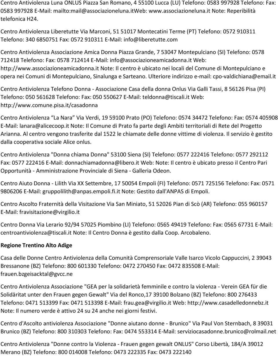 com Centro Antiviolenza Associazione Amica Donna Piazza Grande, 7 53047 Montepulciano (SI) Telefono: 0578 712418 Telefono: Fax: 0578 712414 E-Mail: info@associazioneamicadonna.it Web: http://www.