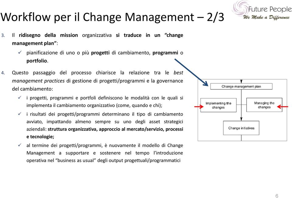 definiscono le modalità con le quali si implementa il cambiamento organizzativo (come, quando e chi); i risultati dei progetti/programmi determinano il tipo di cambiamento avviato, impattando almeno