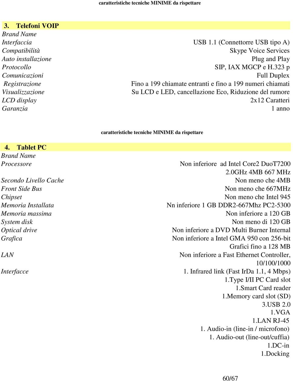 Caratteri Garanzia 1 anno 4. Tablet PC Processore Non inferiore ad Intel Core2 DuoT7200 2.