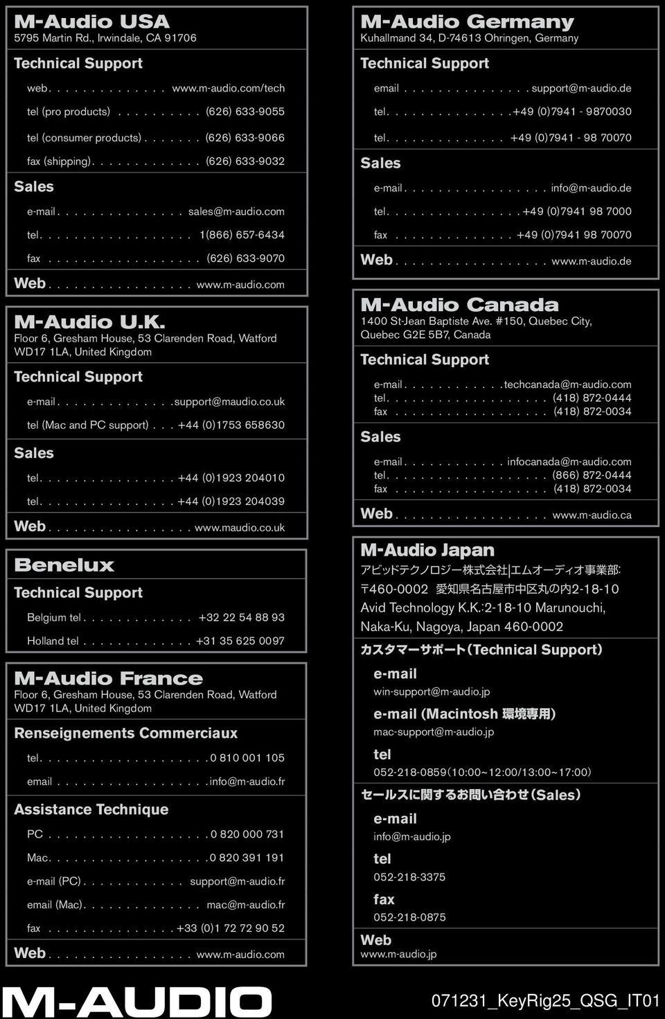 m-audio.com M-Audio U.K. Floor 6, Gresham House, 53 Clarenden Road, Watford WD17 1LA, United Kingdom Technical Support e-mail..............support@maudio.co.uk tel (Mac and PC support).