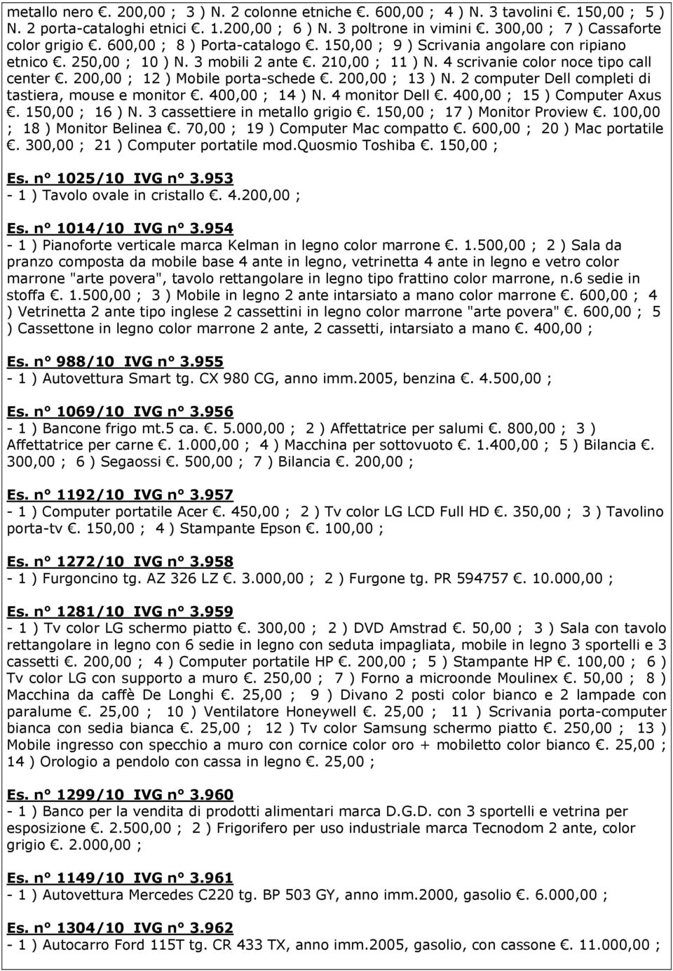 200,00 ; 12 ) Mobile porta-schede. 200,00 ; 13 ) N. 2 computer Dell completi di tastiera, mouse e monitor. 400,00 ; 14 ) N. 4 monitor Dell. 400,00 ; 15 ) Computer Axus. 150,00 ; 16 ) N.