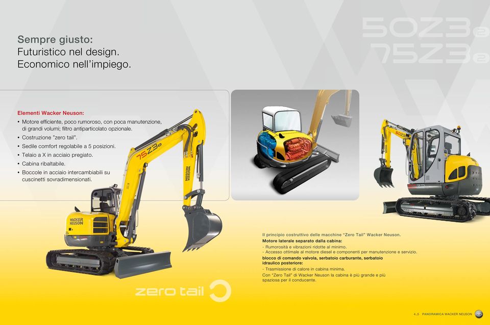 Il principio costruttivo delle macchine Zero Tail Wacker Neuson. Motore laterale separato dalla cabina: - Rumorosità e vibrazioni ridotte al minimo.