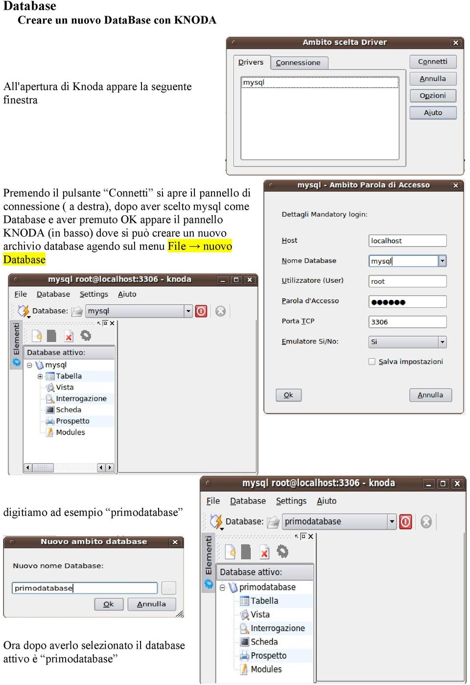 premuto OK appare il pannello KNODA (in basso) dove si può creare un nuovo archivio database agendo sul menu